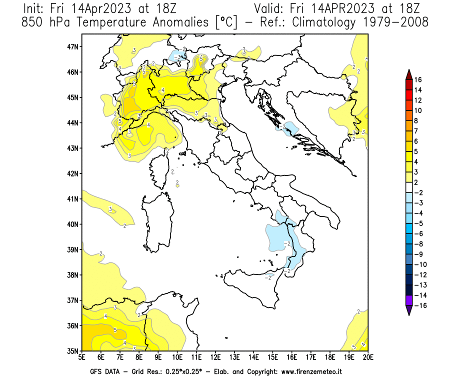 GFS analysi map - Temperature Anomalies [°C] at 850 hPa in Italy
									on 14/04/2023 18 <!--googleoff: index-->UTC<!--googleon: index-->