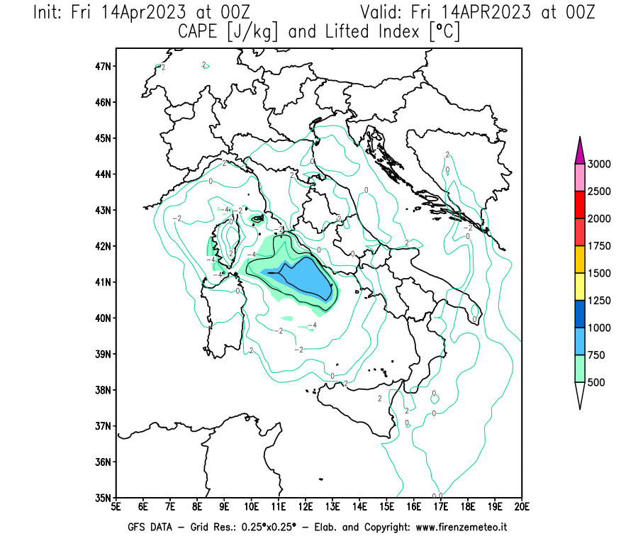 GFS analysi map - CAPE [J/kg] and Lifted Index [°C] in Italy
									on 14/04/2023 00 <!--googleoff: index-->UTC<!--googleon: index-->