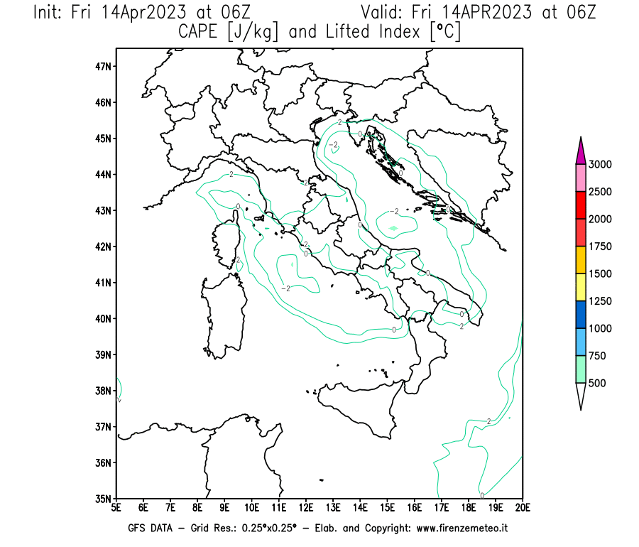 GFS analysi map - CAPE [J/kg] and Lifted Index [°C] in Italy
									on 14/04/2023 06 <!--googleoff: index-->UTC<!--googleon: index-->