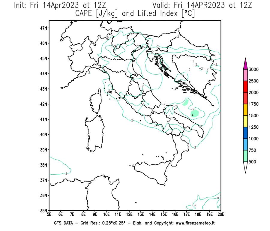GFS analysi map - CAPE [J/kg] and Lifted Index [°C] in Italy
									on 14/04/2023 12 <!--googleoff: index-->UTC<!--googleon: index-->