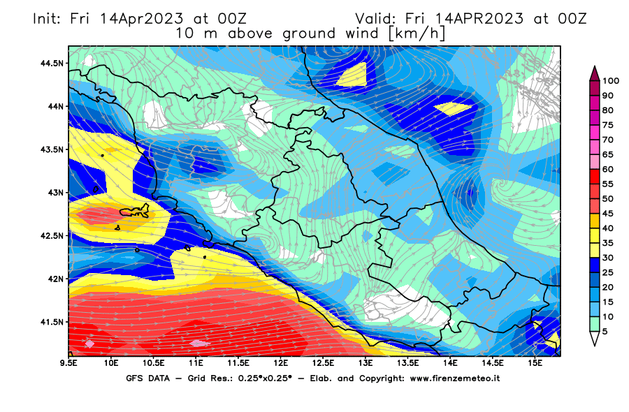 GFS analysi map - Wind Speed at 10 m above ground [km/h] in Central Italy
									on 14/04/2023 00 <!--googleoff: index-->UTC<!--googleon: index-->