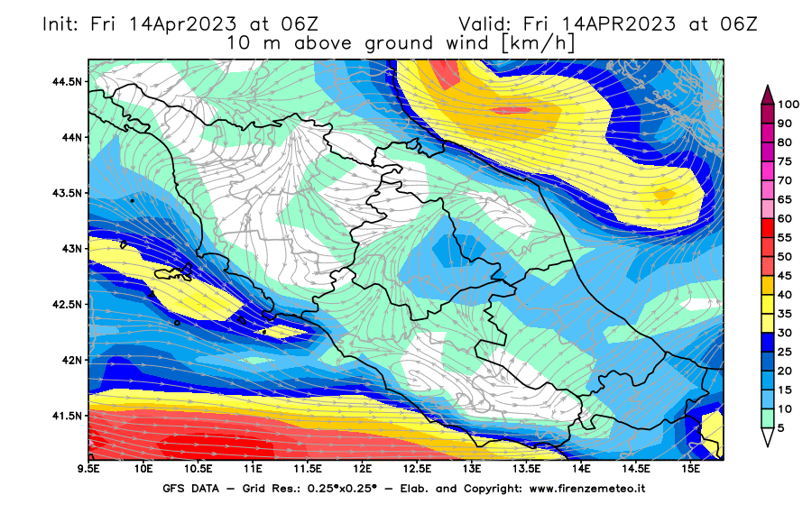 GFS analysi map - Wind Speed at 10 m above ground [km/h] in Central Italy
									on 14/04/2023 06 <!--googleoff: index-->UTC<!--googleon: index-->