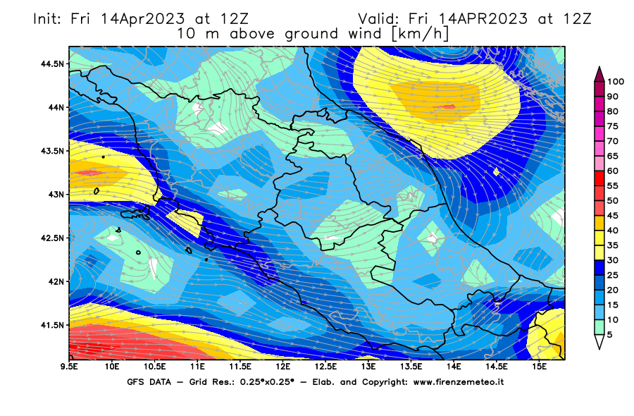 GFS analysi map - Wind Speed at 10 m above ground [km/h] in Central Italy
									on 14/04/2023 12 <!--googleoff: index-->UTC<!--googleon: index-->