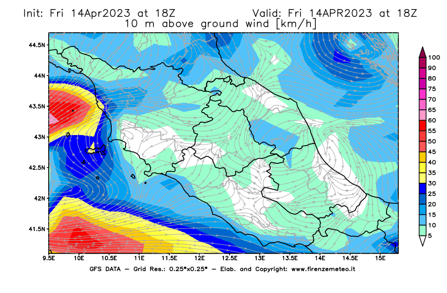 GFS analysi map - Wind Speed at 10 m above ground [km/h] in Central Italy
									on 14/04/2023 18 <!--googleoff: index-->UTC<!--googleon: index-->