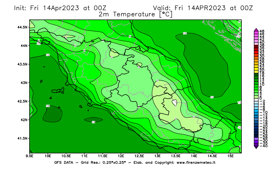 GFS analysi map - Temperature at 2 m above ground [°C] in Central Italy
									on 14/04/2023 00 <!--googleoff: index-->UTC<!--googleon: index-->