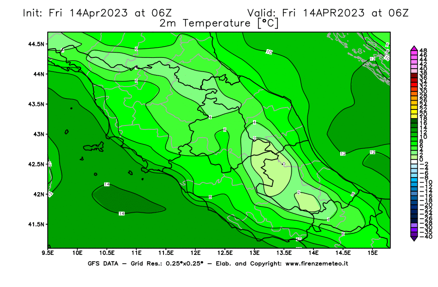 GFS analysi map - Temperature at 2 m above ground [°C] in Central Italy
									on 14/04/2023 06 <!--googleoff: index-->UTC<!--googleon: index-->