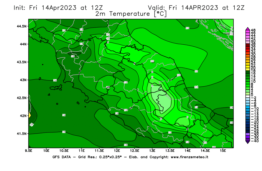 GFS analysi map - Temperature at 2 m above ground [°C] in Central Italy
									on 14/04/2023 12 <!--googleoff: index-->UTC<!--googleon: index-->