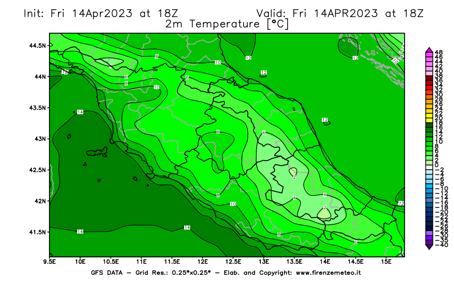 GFS analysi map - Temperature at 2 m above ground [°C] in Central Italy
									on 14/04/2023 18 <!--googleoff: index-->UTC<!--googleon: index-->