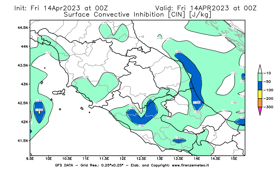 GFS analysi map - CIN [J/kg] in Central Italy
									on 14/04/2023 00 <!--googleoff: index-->UTC<!--googleon: index-->