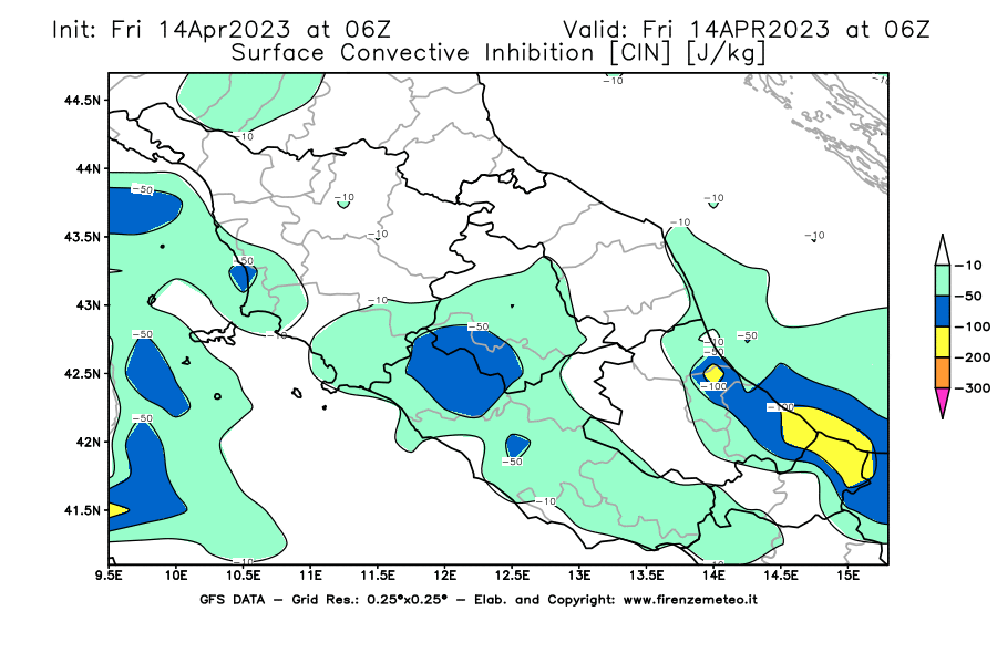 GFS analysi map - CIN [J/kg] in Central Italy
									on 14/04/2023 06 <!--googleoff: index-->UTC<!--googleon: index-->