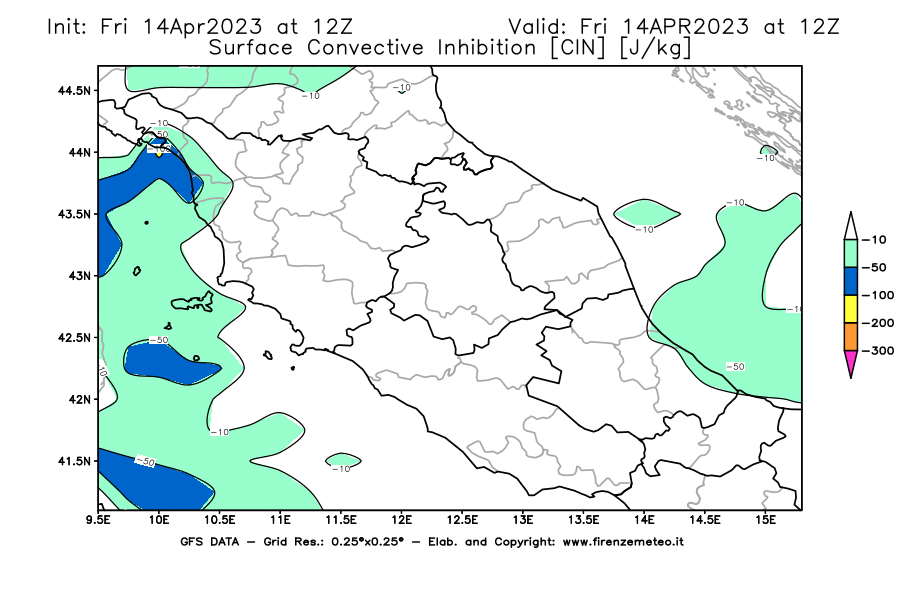 GFS analysi map - CIN [J/kg] in Central Italy
									on 14/04/2023 12 <!--googleoff: index-->UTC<!--googleon: index-->
