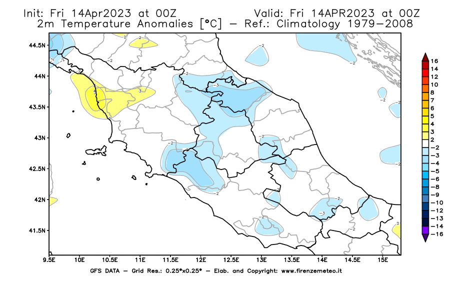 GFS analysi map - Temperature Anomalies [°C] at 2 m in Central Italy
									on 14/04/2023 00 <!--googleoff: index-->UTC<!--googleon: index-->