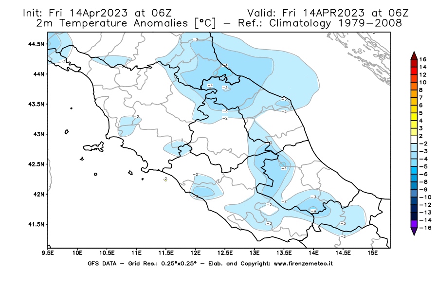 GFS analysi map - Temperature Anomalies [°C] at 2 m in Central Italy
									on 14/04/2023 06 <!--googleoff: index-->UTC<!--googleon: index-->