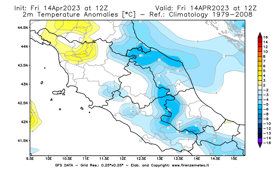 GFS analysi map - Temperature Anomalies [°C] at 2 m in Central Italy
									on 14/04/2023 12 <!--googleoff: index-->UTC<!--googleon: index-->