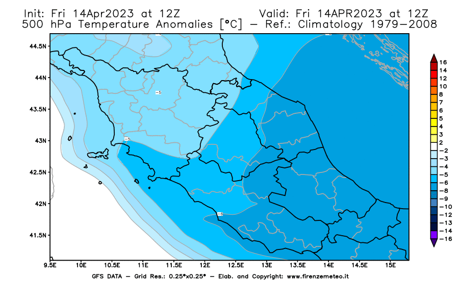 GFS analysi map - Temperature Anomalies [°C] at 500 hPa in Central Italy
									on 14/04/2023 12 <!--googleoff: index-->UTC<!--googleon: index-->