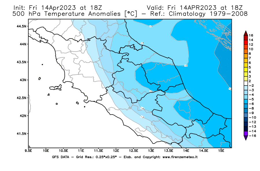 GFS analysi map - Temperature Anomalies [°C] at 500 hPa in Central Italy
									on 14/04/2023 18 <!--googleoff: index-->UTC<!--googleon: index-->