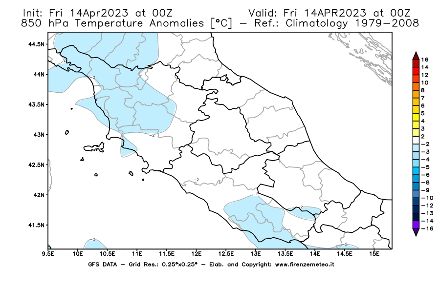 GFS analysi map - Temperature Anomalies [°C] at 850 hPa in Central Italy
									on 14/04/2023 00 <!--googleoff: index-->UTC<!--googleon: index-->