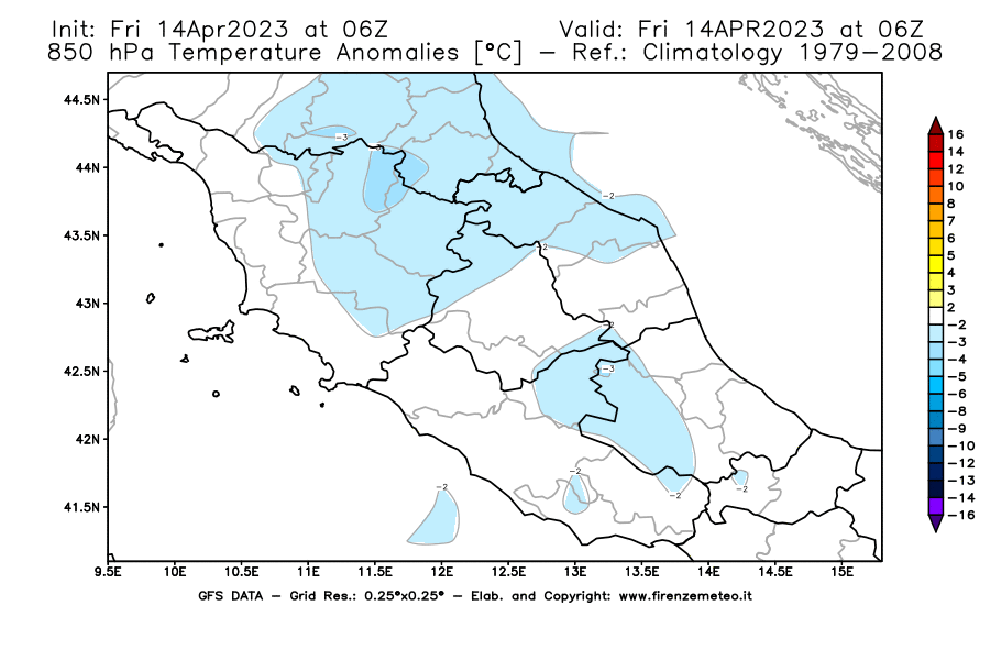 GFS analysi map - Temperature Anomalies [°C] at 850 hPa in Central Italy
									on 14/04/2023 06 <!--googleoff: index-->UTC<!--googleon: index-->