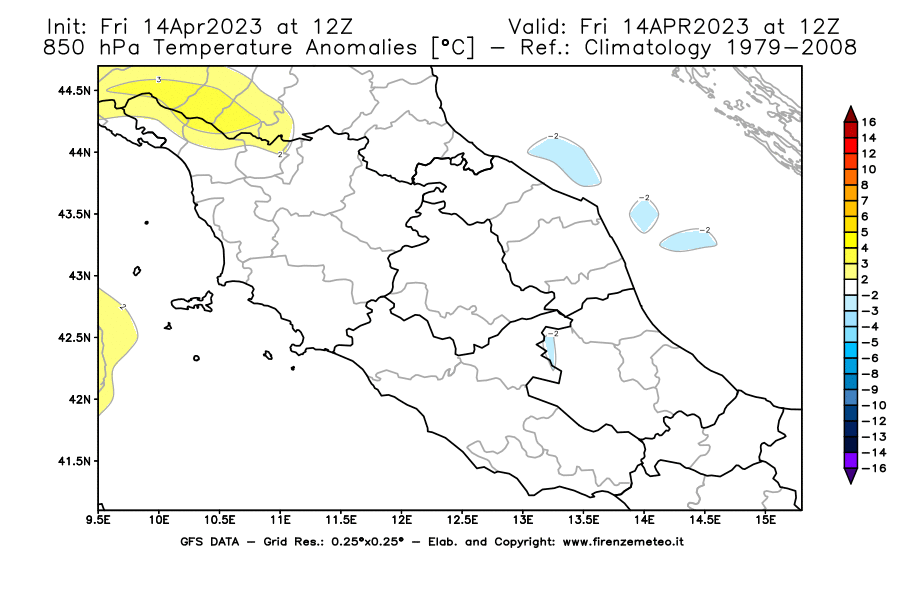 GFS analysi map - Temperature Anomalies [°C] at 850 hPa in Central Italy
									on 14/04/2023 12 <!--googleoff: index-->UTC<!--googleon: index-->