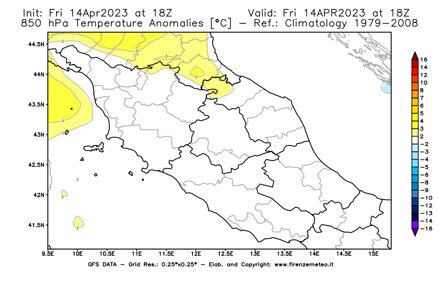 GFS analysi map - Temperature Anomalies [°C] at 850 hPa in Central Italy
									on 14/04/2023 18 <!--googleoff: index-->UTC<!--googleon: index-->