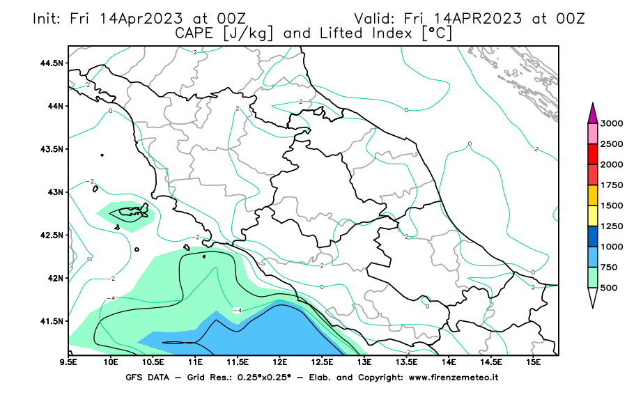 GFS analysi map - CAPE [J/kg] and Lifted Index [°C] in Central Italy
									on 14/04/2023 00 <!--googleoff: index-->UTC<!--googleon: index-->