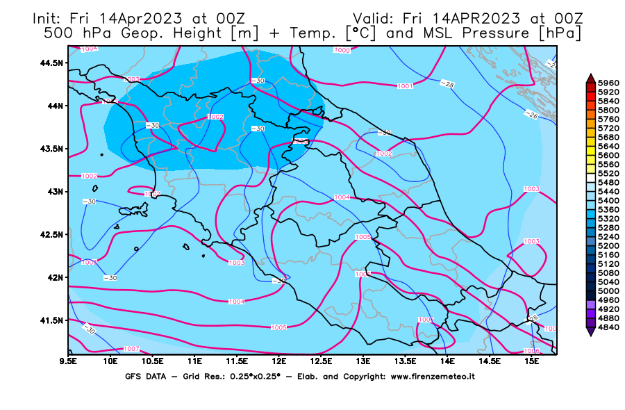 GFS analysi map - Geopotential [m] + Temp. [°C] at 500 hPa + Sea Level Pressure [hPa] in Central Italy
									on 14/04/2023 00 <!--googleoff: index-->UTC<!--googleon: index-->