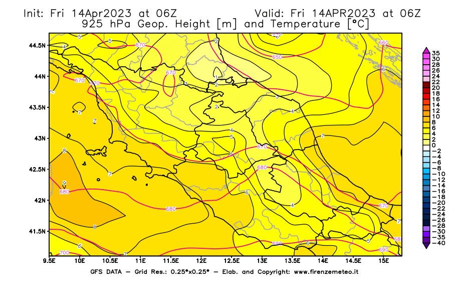 GFS analysi map - Geopotential [m] and Temperature [°C] at 925 hPa in Central Italy
									on 14/04/2023 06 <!--googleoff: index-->UTC<!--googleon: index-->