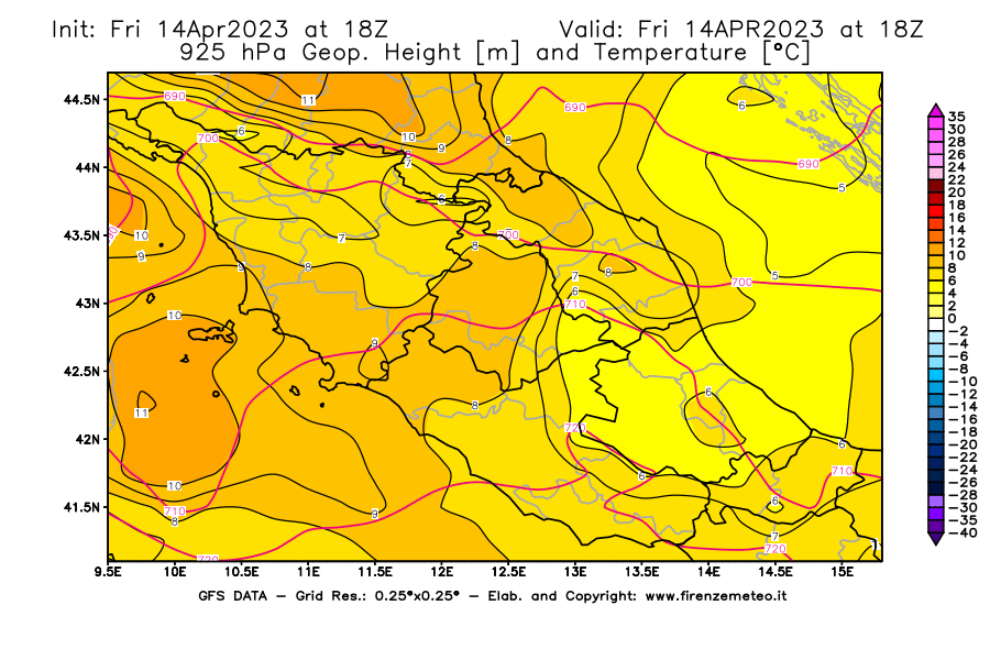 GFS analysi map - Geopotential [m] and Temperature [°C] at 925 hPa in Central Italy
									on 14/04/2023 18 <!--googleoff: index-->UTC<!--googleon: index-->