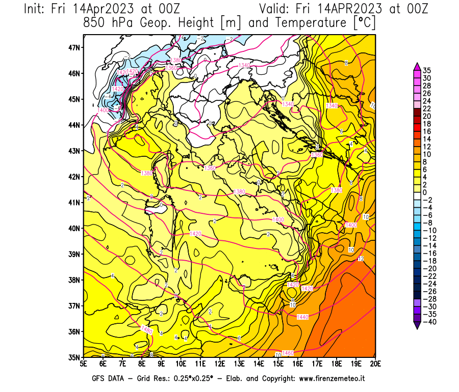 GFS analysi map - Geopotential [m] and Temperature [°C] at 850 hPa in Italy
									on 14/04/2023 00 <!--googleoff: index-->UTC<!--googleon: index-->