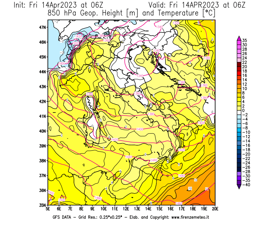GFS analysi map - Geopotential [m] and Temperature [°C] at 850 hPa in Italy
									on 14/04/2023 06 <!--googleoff: index-->UTC<!--googleon: index-->