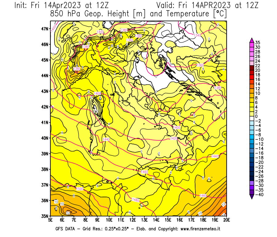 GFS analysi map - Geopotential [m] and Temperature [°C] at 850 hPa in Italy
									on 14/04/2023 12 <!--googleoff: index-->UTC<!--googleon: index-->