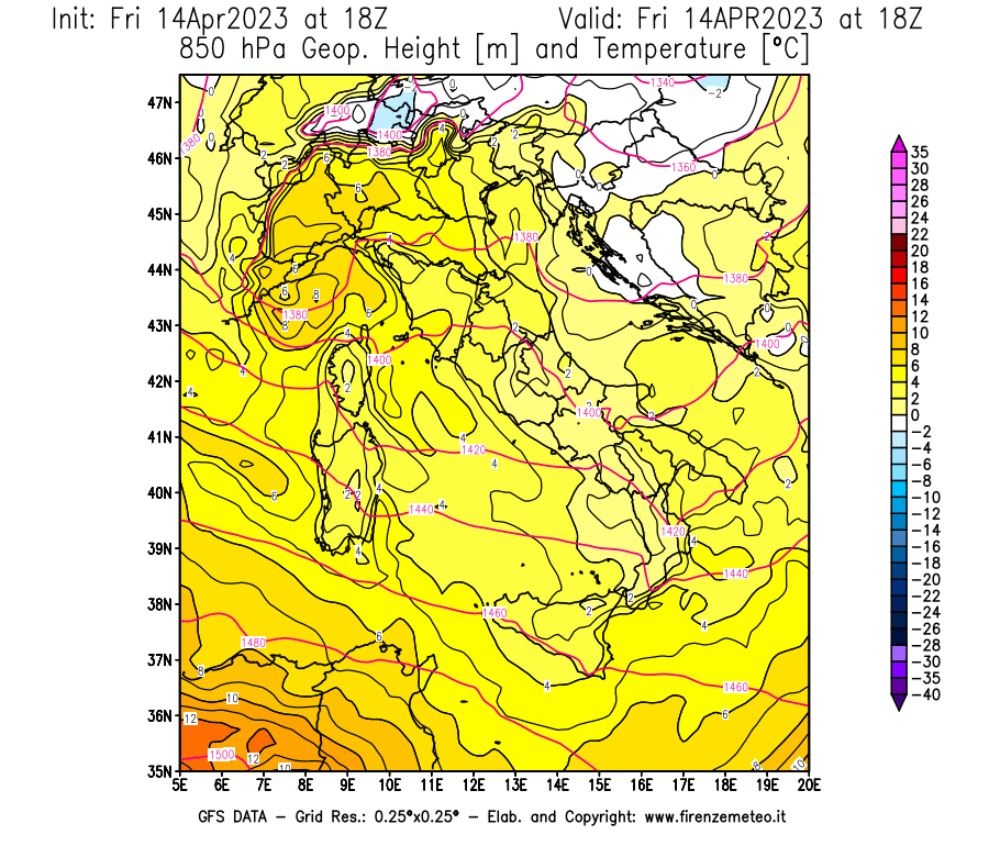 GFS analysi map - Geopotential [m] and Temperature [°C] at 850 hPa in Italy
									on 14/04/2023 18 <!--googleoff: index-->UTC<!--googleon: index-->