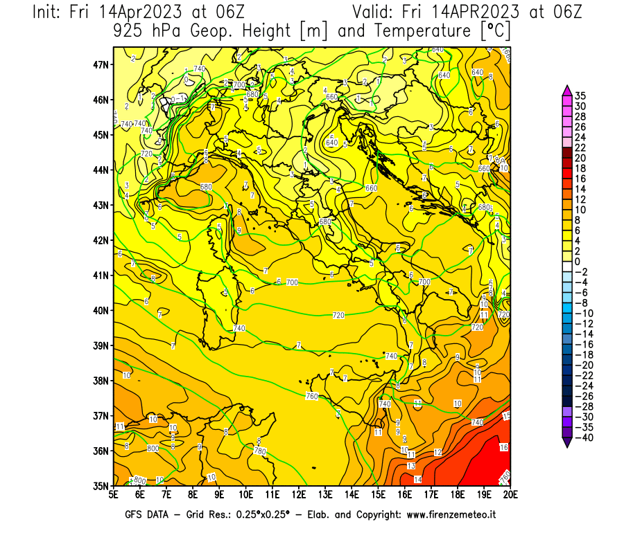 GFS analysi map - Geopotential [m] and Temperature [°C] at 925 hPa in Italy
									on 14/04/2023 06 <!--googleoff: index-->UTC<!--googleon: index-->