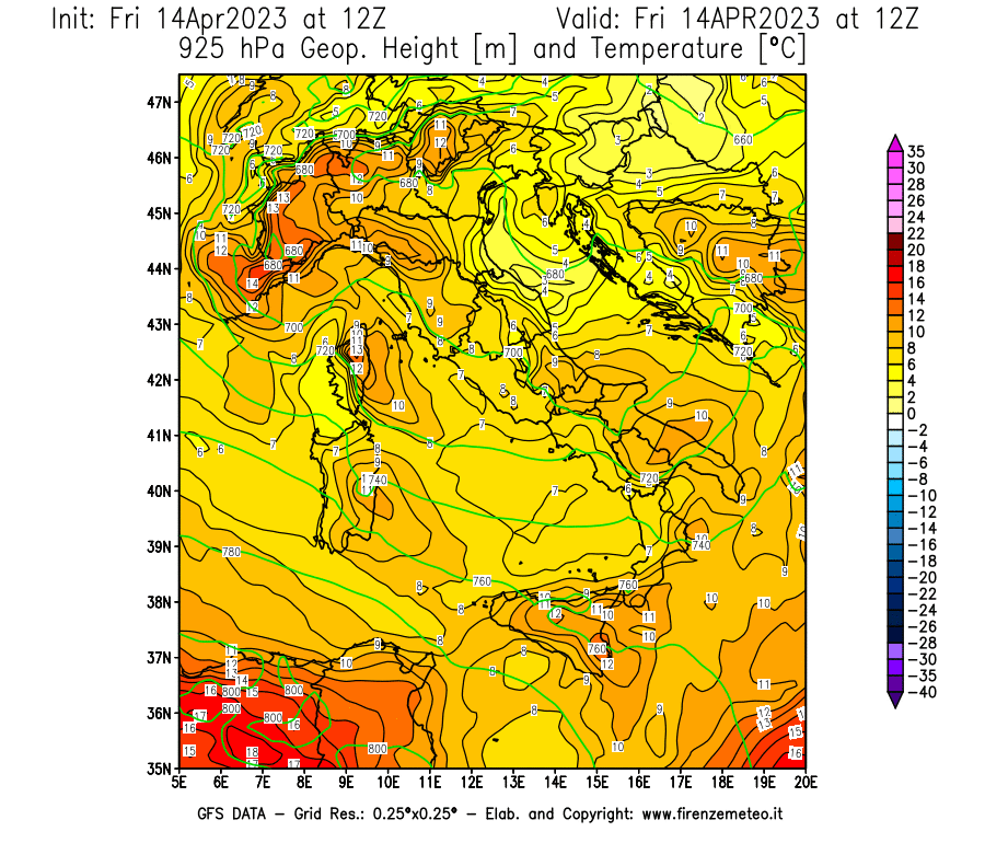 GFS analysi map - Geopotential [m] and Temperature [°C] at 925 hPa in Italy
									on 14/04/2023 12 <!--googleoff: index-->UTC<!--googleon: index-->