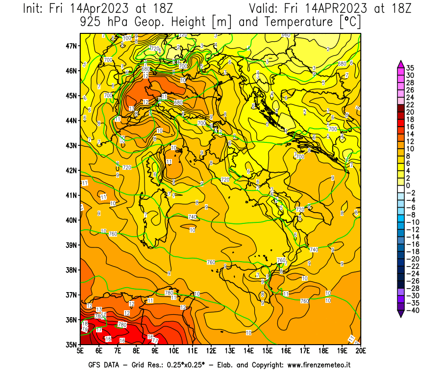 GFS analysi map - Geopotential [m] and Temperature [°C] at 925 hPa in Italy
									on 14/04/2023 18 <!--googleoff: index-->UTC<!--googleon: index-->