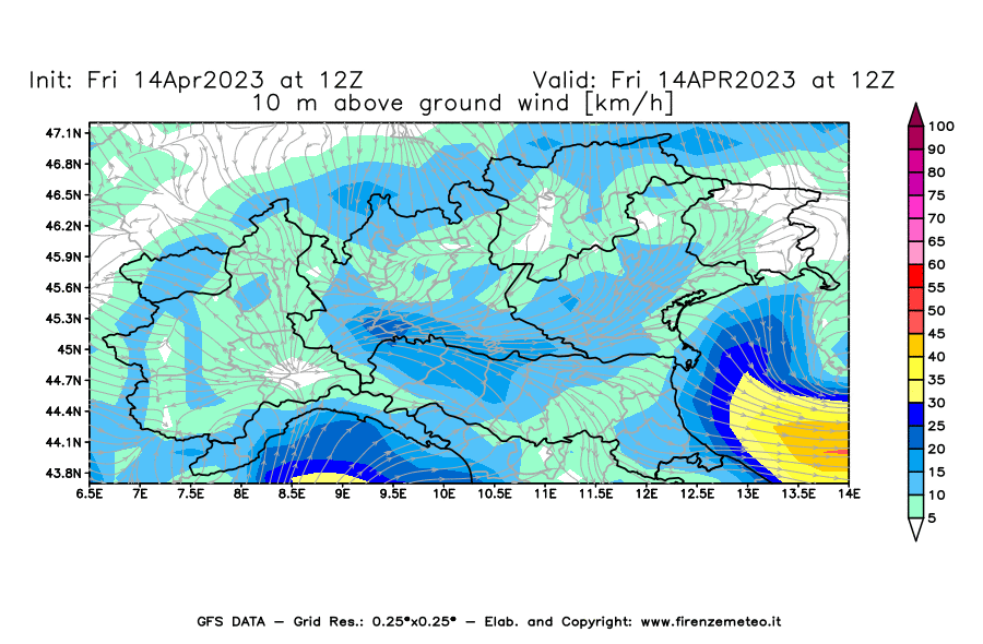 GFS analysi map - Wind Speed at 10 m above ground [km/h] in Northern Italy
									on 14/04/2023 12 <!--googleoff: index-->UTC<!--googleon: index-->