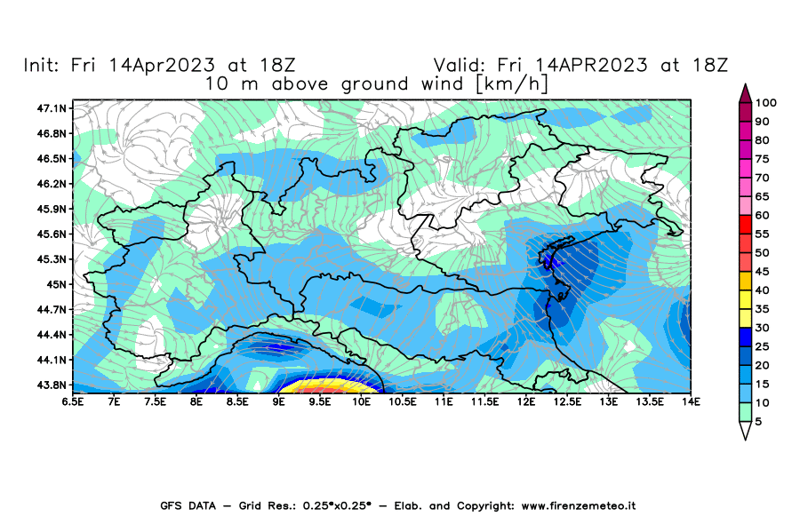 GFS analysi map - Wind Speed at 10 m above ground [km/h] in Northern Italy
									on 14/04/2023 18 <!--googleoff: index-->UTC<!--googleon: index-->