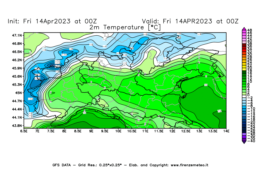 GFS analysi map - Temperature at 2 m above ground [°C] in Northern Italy
									on 14/04/2023 00 <!--googleoff: index-->UTC<!--googleon: index-->