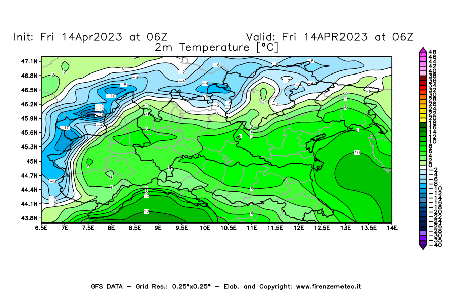 GFS analysi map - Temperature at 2 m above ground [°C] in Northern Italy
									on 14/04/2023 06 <!--googleoff: index-->UTC<!--googleon: index-->