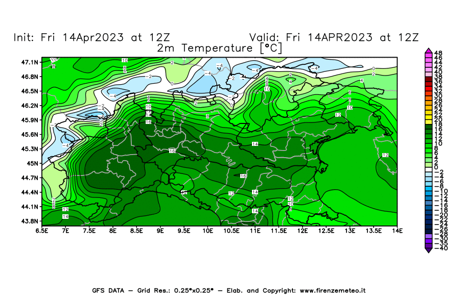 GFS analysi map - Temperature at 2 m above ground [°C] in Northern Italy
									on 14/04/2023 12 <!--googleoff: index-->UTC<!--googleon: index-->