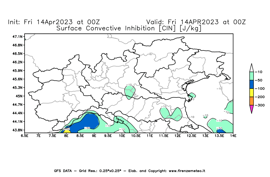 GFS analysi map - CIN [J/kg] in Northern Italy
									on 14/04/2023 00 <!--googleoff: index-->UTC<!--googleon: index-->