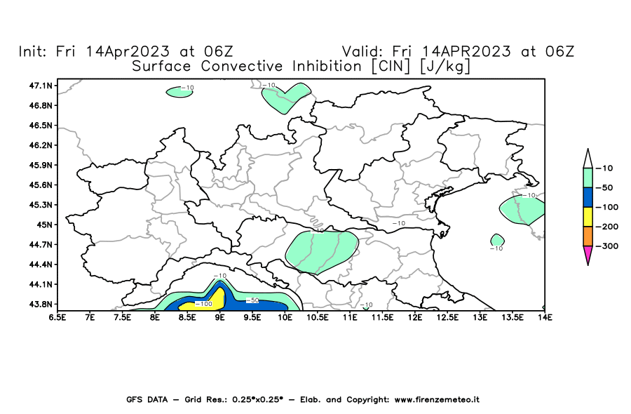 GFS analysi map - CIN [J/kg] in Northern Italy
									on 14/04/2023 06 <!--googleoff: index-->UTC<!--googleon: index-->
