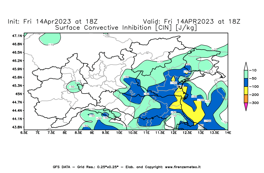 GFS analysi map - CIN [J/kg] in Northern Italy
									on 14/04/2023 18 <!--googleoff: index-->UTC<!--googleon: index-->