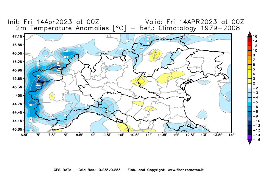 GFS analysi map - Temperature Anomalies [°C] at 2 m in Northern Italy
									on 14/04/2023 00 <!--googleoff: index-->UTC<!--googleon: index-->