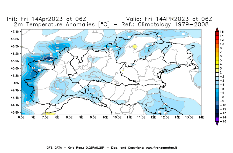 GFS analysi map - Temperature Anomalies [°C] at 2 m in Northern Italy
									on 14/04/2023 06 <!--googleoff: index-->UTC<!--googleon: index-->