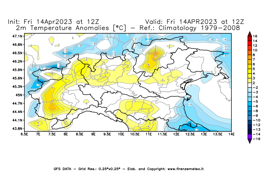 GFS analysi map - Temperature Anomalies [°C] at 2 m in Northern Italy
									on 14/04/2023 12 <!--googleoff: index-->UTC<!--googleon: index-->