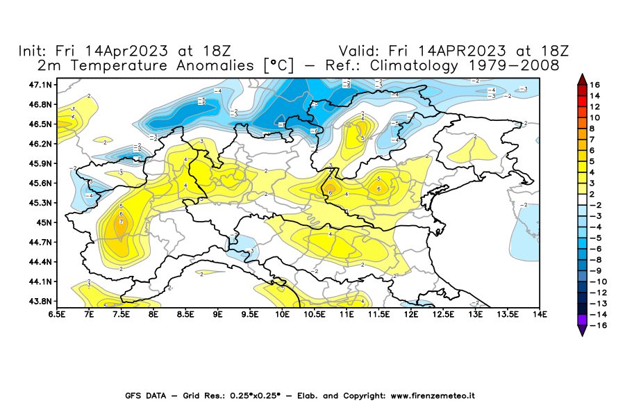 GFS analysi map - Temperature Anomalies [°C] at 2 m in Northern Italy
									on 14/04/2023 18 <!--googleoff: index-->UTC<!--googleon: index-->