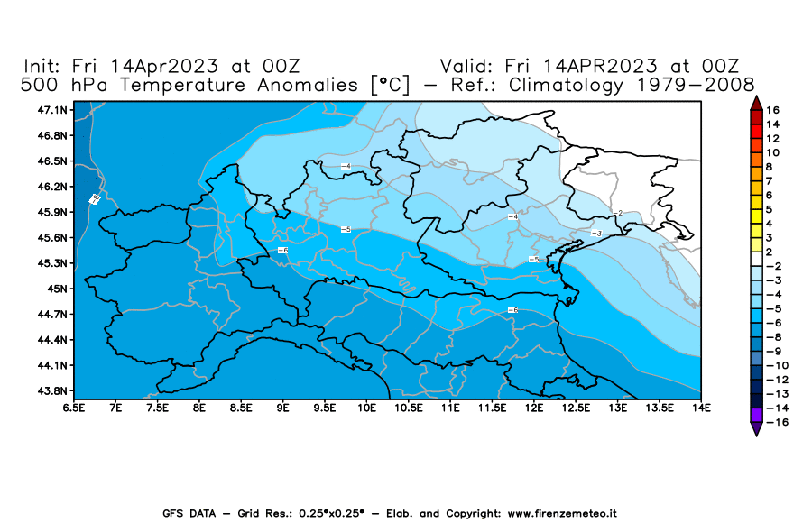 GFS analysi map - Temperature Anomalies [°C] at 500 hPa in Northern Italy
									on 14/04/2023 00 <!--googleoff: index-->UTC<!--googleon: index-->