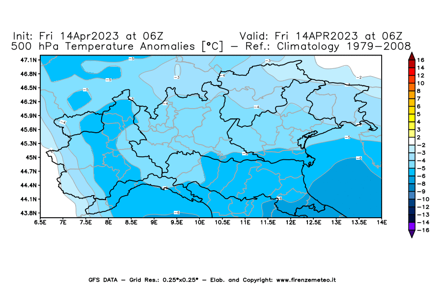 GFS analysi map - Temperature Anomalies [°C] at 500 hPa in Northern Italy
									on 14/04/2023 06 <!--googleoff: index-->UTC<!--googleon: index-->