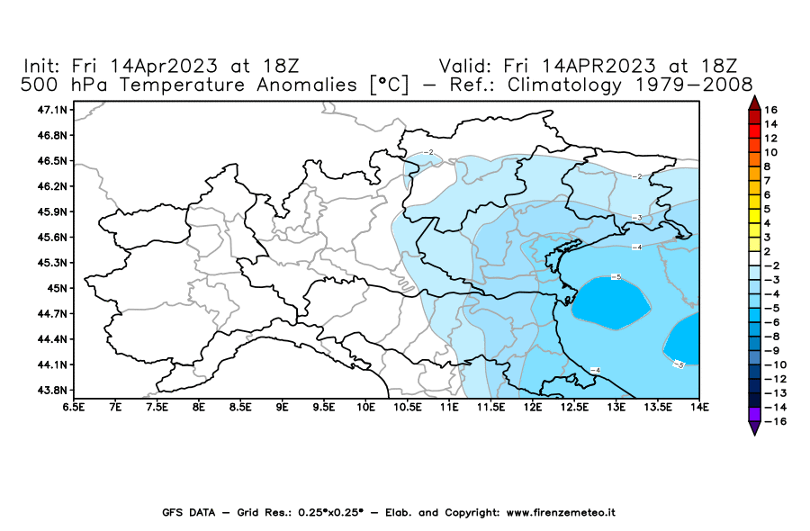 GFS analysi map - Temperature Anomalies [°C] at 500 hPa in Northern Italy
									on 14/04/2023 18 <!--googleoff: index-->UTC<!--googleon: index-->